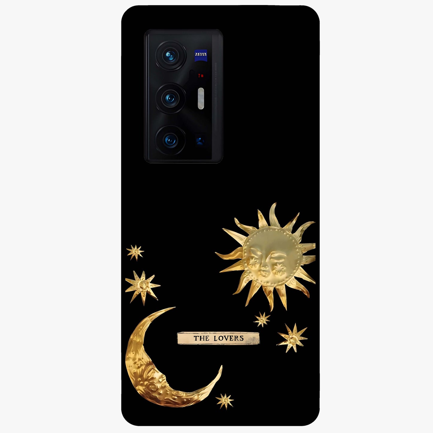 Golden Celestial Charm Glass Case showing flat back view with golden celestial charm artwork and glossy glass finish.