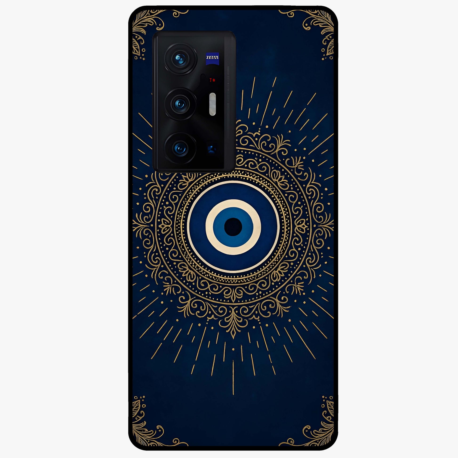 Golden Evil Eye Mandala Glass Case showing flat back view with intricate evil eye mandala artwork and glossy glass finish.