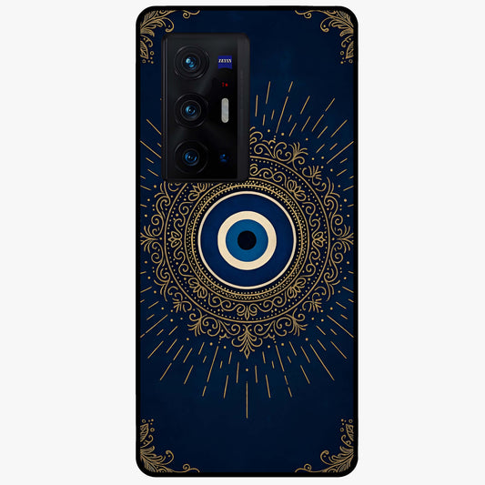 Golden Evil Eye Mandala Glass Case showing flat back view with intricate evil eye mandala artwork and glossy glass finish.