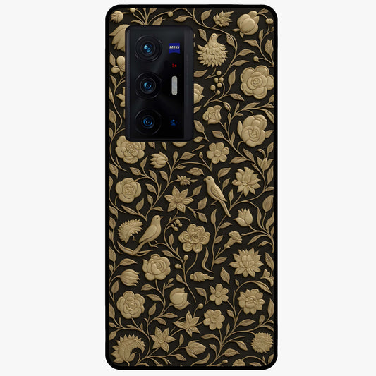 Golden Floral Majesty Glass Case showing flat back view with luxurious golden floral artwork and glossy glass finish.