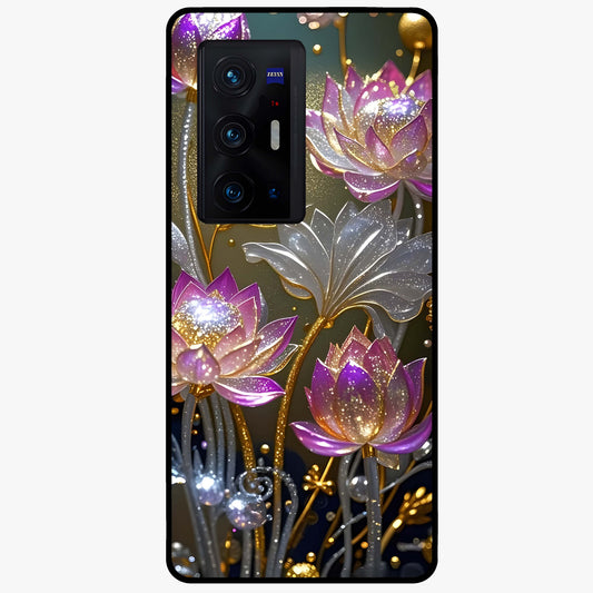 Golden Lotus Glow Glass Case showing flat back view with glowing lotus flower artwork and glossy glass finish.