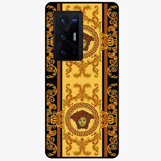 Golden Royal Heritage Glass Case showing flat back view with ornate royal pattern artwork and glossy glass finish.