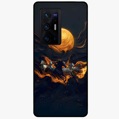 Golden Stallion Moonride Glass Case showing flat back view with majestic horse under moonlight artwork and glossy glass finish.