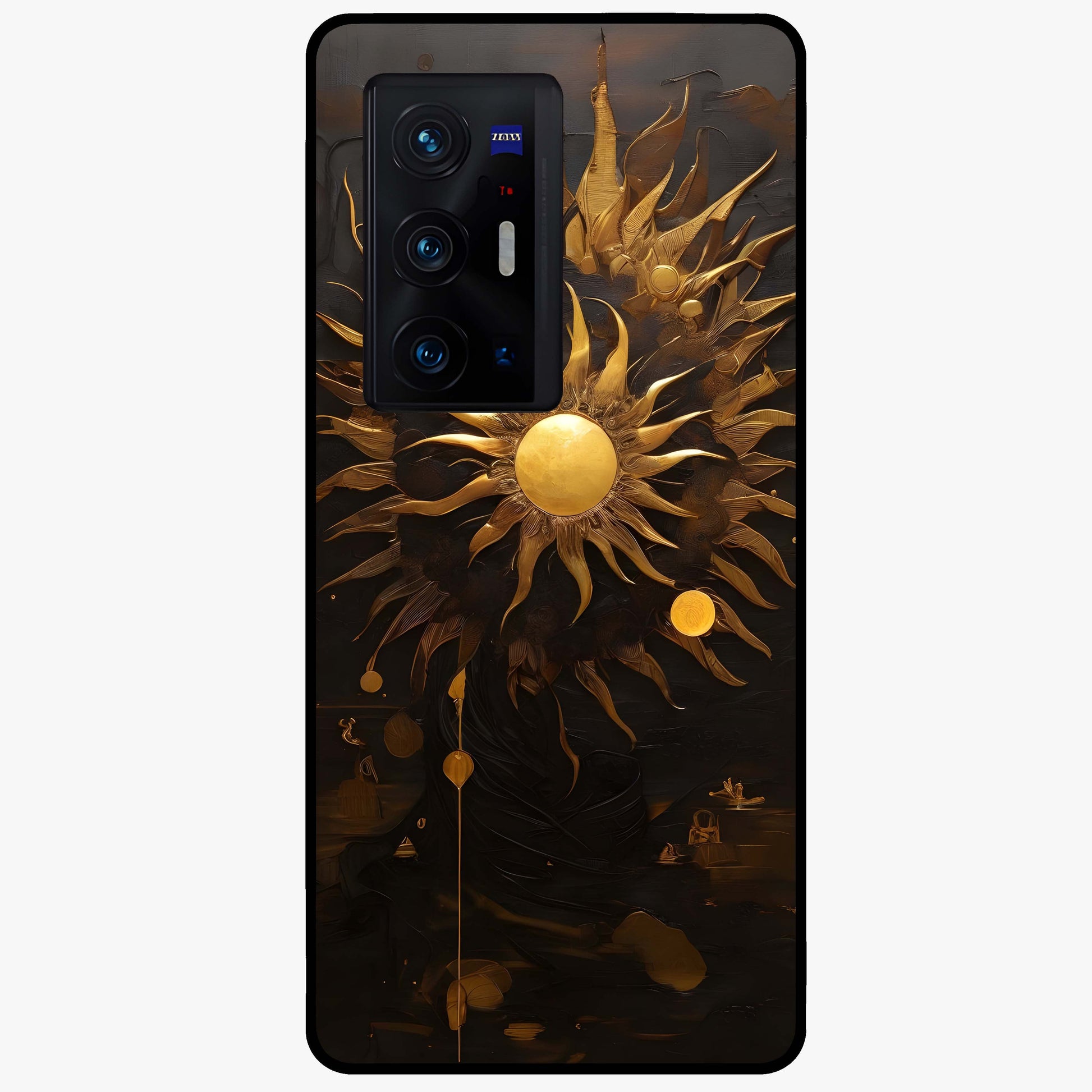 Golden Sun Majesty Glass Case showing flat back view with radiant golden sun artwork and glossy glass finish.
