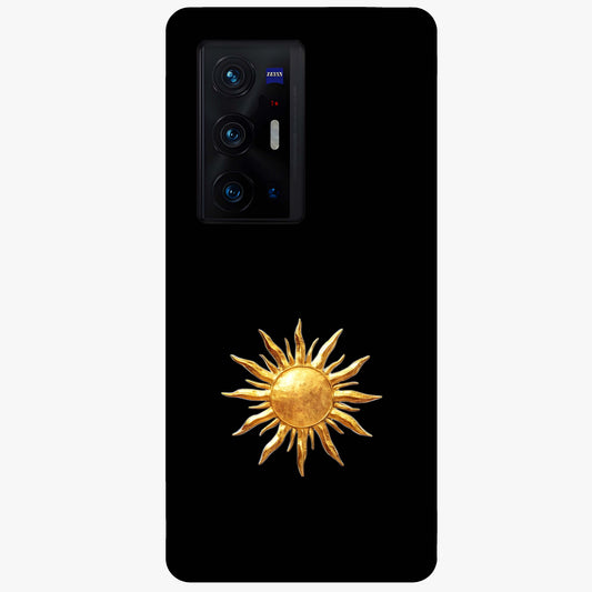 Golden Sun Minimalism Glass Case showing flat back view with minimal golden sun artwork and glossy glass finish.