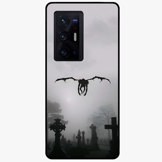 Graveyard Shadow Descent Glass Case showing flat back view with dark graveyard themed artwork and glossy glass finish.