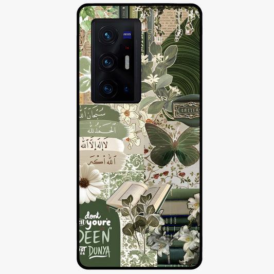 Green Islamic Books Quotes Glass Case showing flat back view with Islamic quotes and book themed artwork and glossy glass finish.