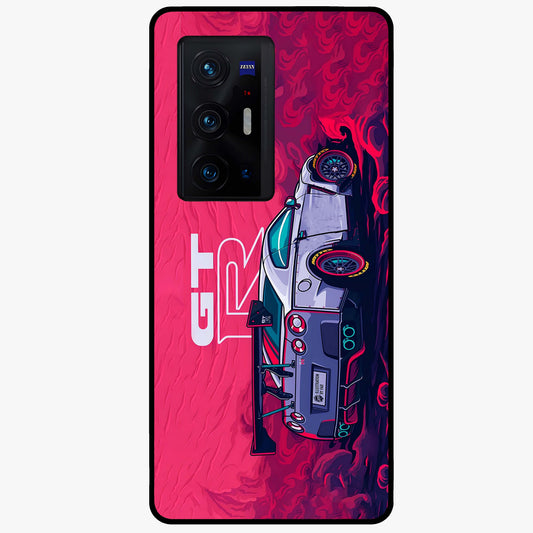 GT-R Car Pattern Glass Case showing flat back view with sporty car inspired pattern artwork and glossy glass finish.