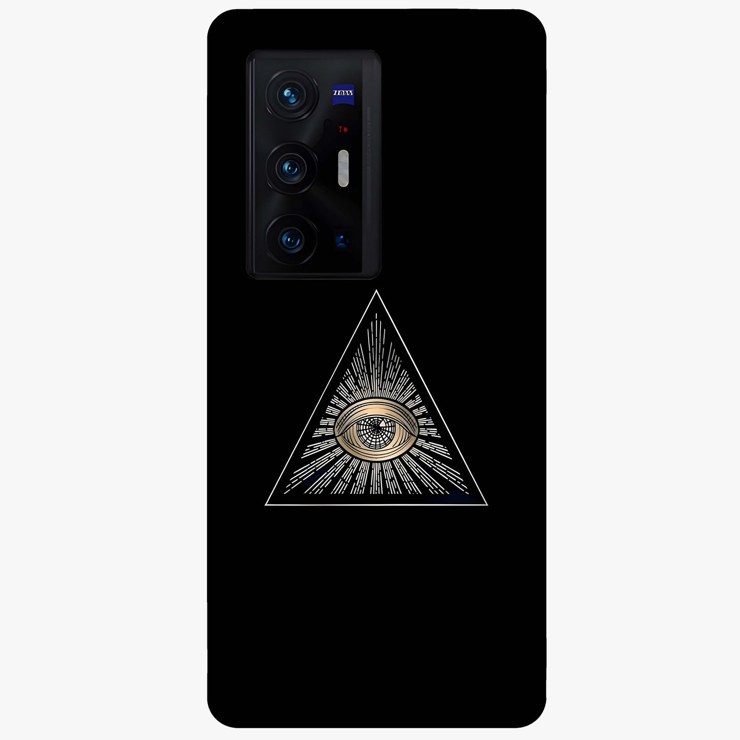 Illuminati Evil Glass Case showing flat back view with mysterious illuminati symbol artwork and glossy glass finish.