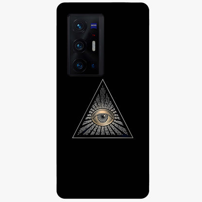 Illuminati Evil Glass Case showing flat back view with mysterious illuminati symbol artwork and glossy glass finish.