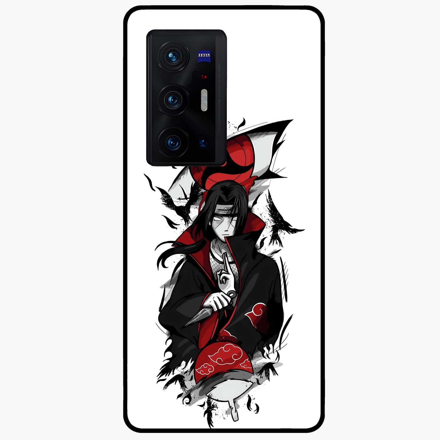 Itachi Sharingan Glass Case showing flat back view with powerful anime eye artwork and glossy glass finish.