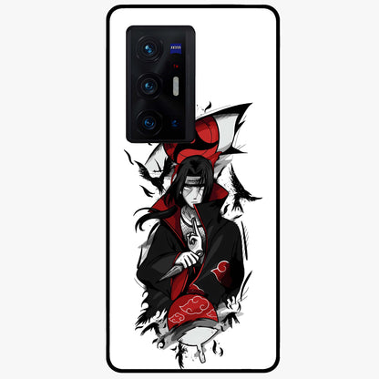 Itachi Sharingan Glass Case showing flat back view with powerful anime eye artwork and glossy glass finish.