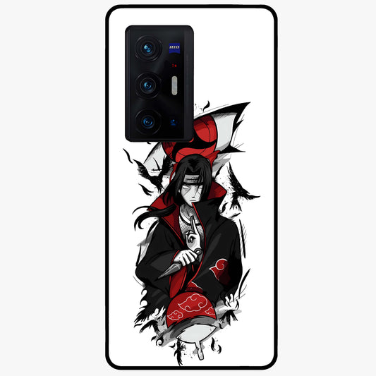 Itachi Sharingan Glass Case showing flat back view with powerful anime eye artwork and glossy glass finish.