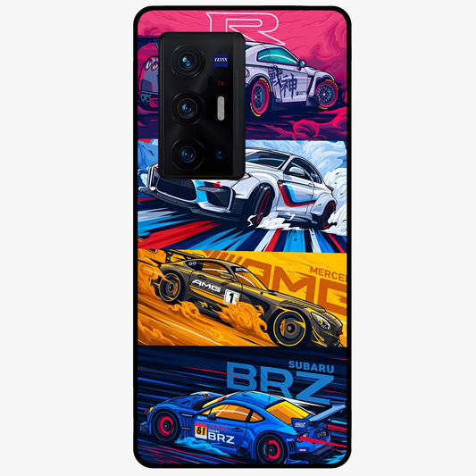 JDM Sports Car Glass Case showing flat back view with high performance sports car artwork and glossy glass finish.