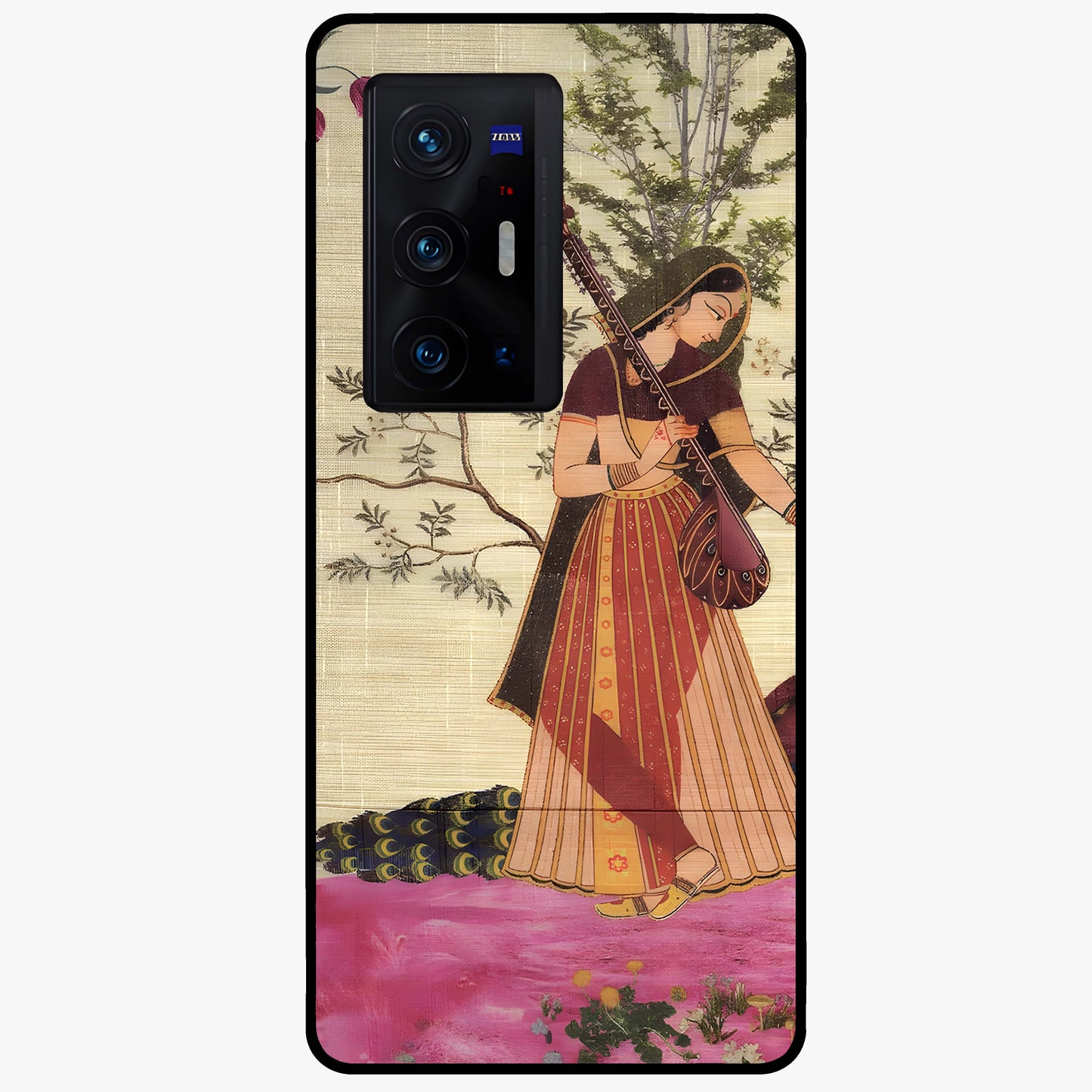 Lady With Veena Art Glass Case showing flat back view with elegant woman playing veena artwork and glossy glass finish.
