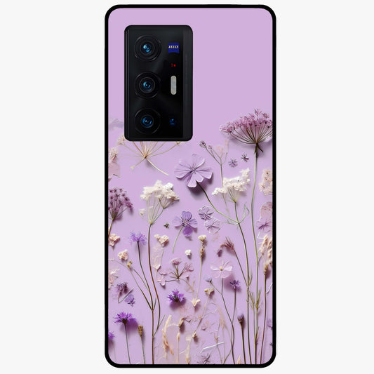 Lavender Blossom Dream Glass Case showing flat back view with soft lavender floral artwork and glossy glass finish.
