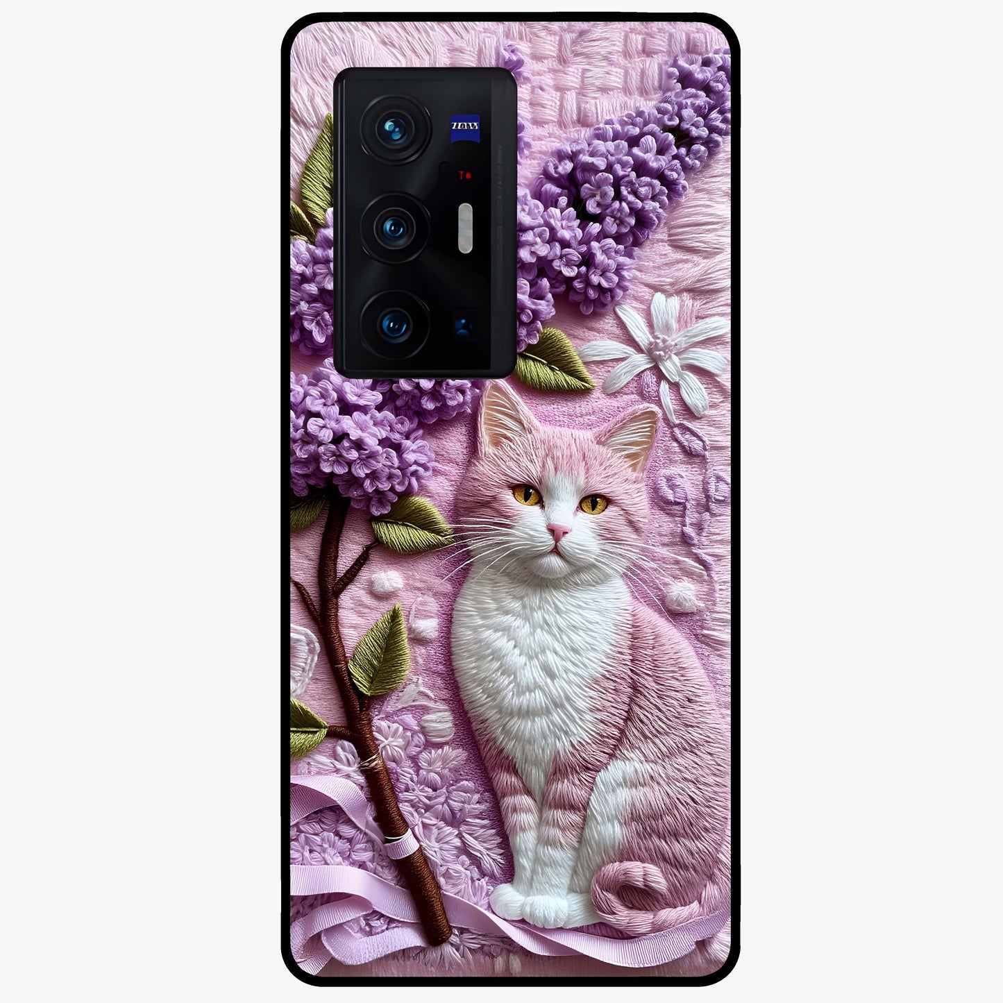 Lavender Cat Whimsy Glass Case showing flat back view with cute lavender cat artwork and glossy glass finish.