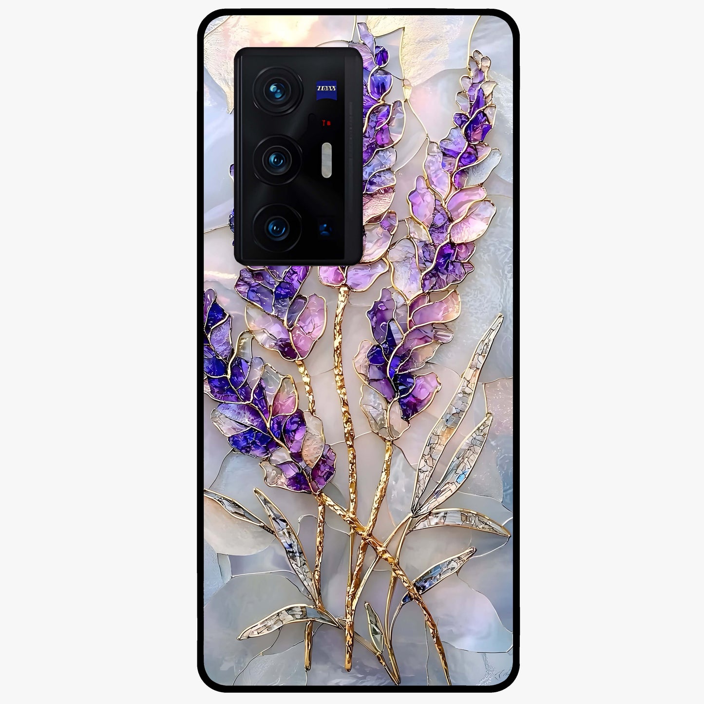 Lavender Dream Glow Glass Case showing flat back view with glowing lavender aesthetic artwork and glossy glass finish.