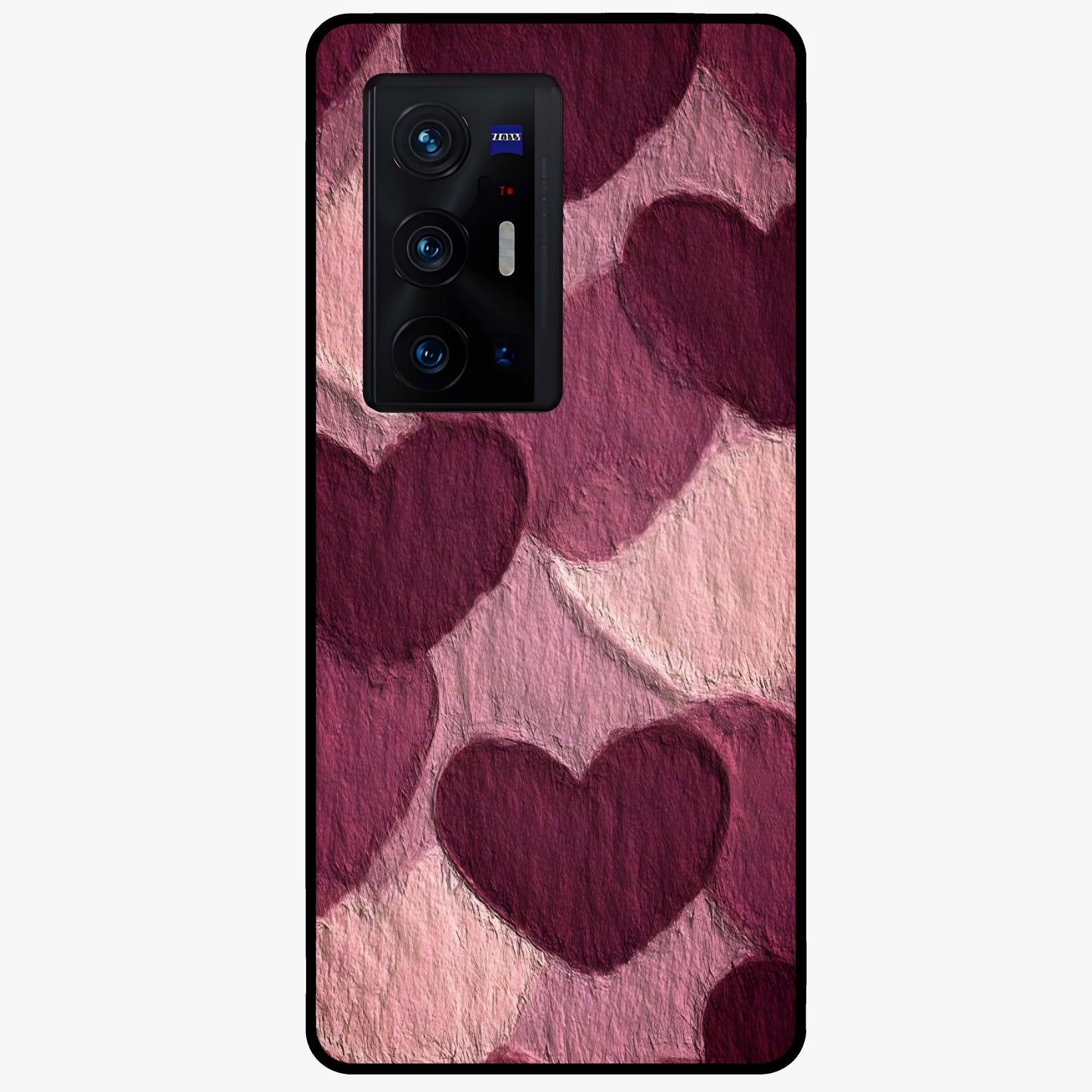 Layered Paper Hearts Glass Case showing flat back view with layered paper heart artwork and glossy glass finish.