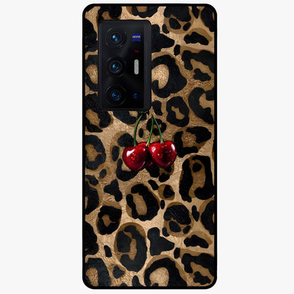 Leopard Wild Cherry Glass Case showing flat back view with leopard pattern and cherry artwork and glossy glass finish.