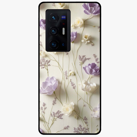 Lilac Breeze Harmony Glass Case showing flat back view with soft lilac themed artwork and glossy glass finish.