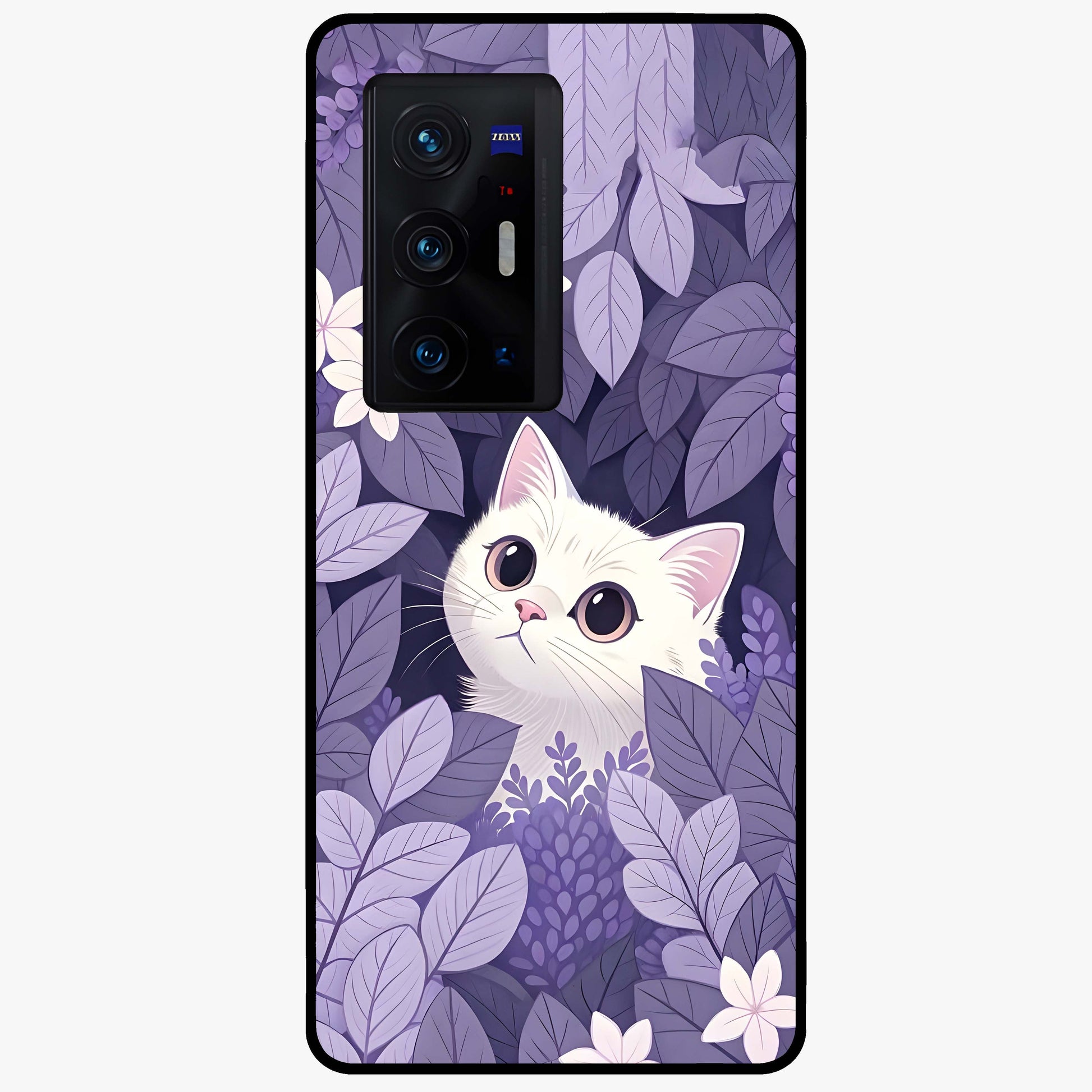 Lilac Hide Peek Cat Glass Case showing flat back view with cute peeking cat artwork and glossy glass finish.