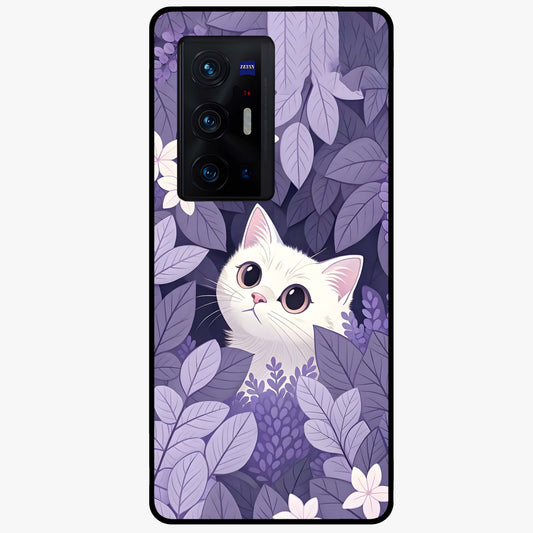 Lilac Hide Peek Cat Glass Case showing flat back view with cute peeking cat artwork and glossy glass finish.