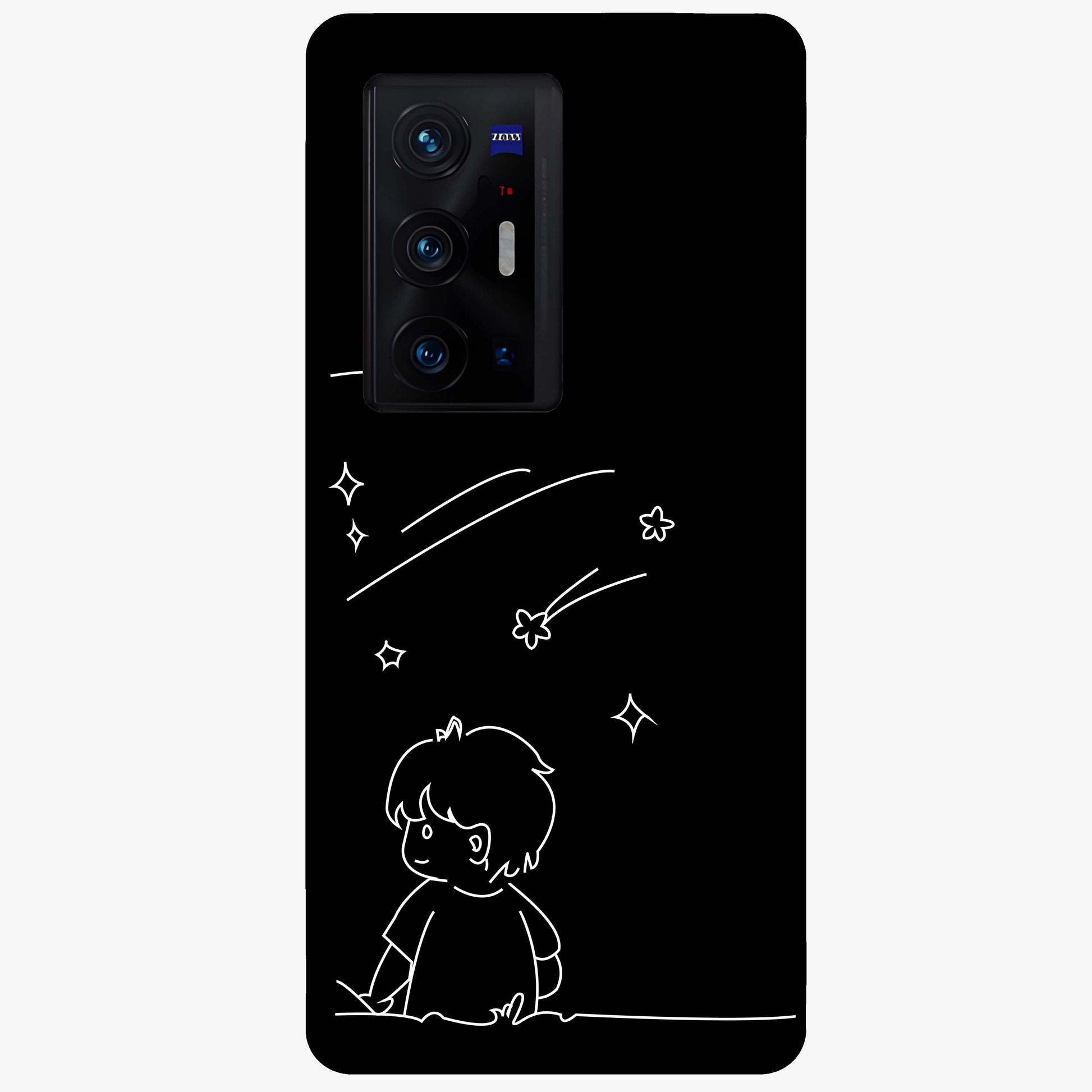 Line Art Boy With Shooting Stars Glass Case showing flat back view with minimal line art boy and shooting stars illustration and glossy glass finish.