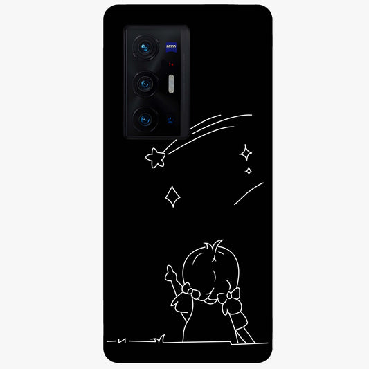 Line Art Girl With Shooting Stars Glass Case showing flat back view with minimal line art girl and shooting stars illustration and glossy glass finish.
