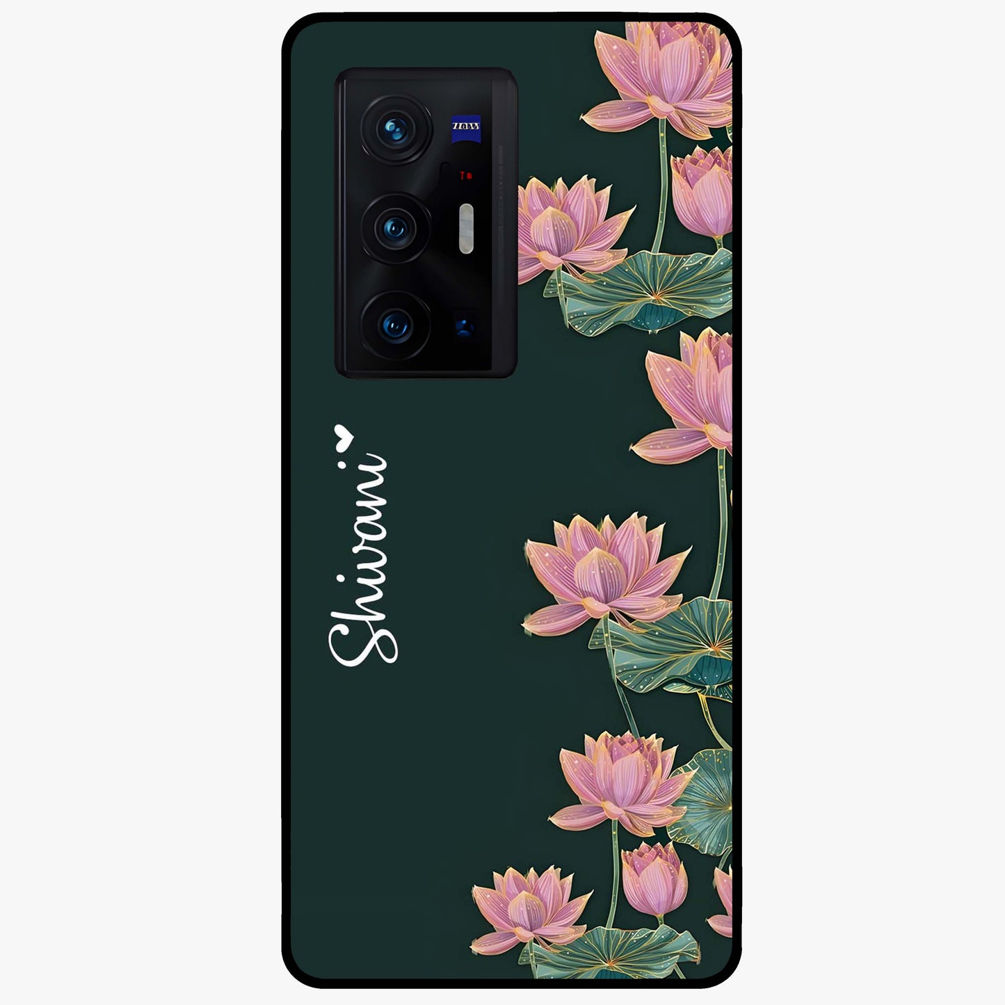 Lotus Bloom Serenity Custom Name Glass Case showing flat back view with elegant lotus flower artwork and personalized name design.