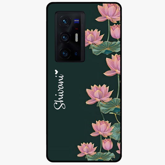 Lotus Bloom Serenity Custom Name Glass Case showing flat back view with elegant lotus flower artwork and personalized name design.