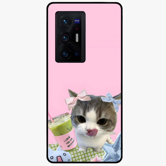 Love Matcha Cat Glass Case showing flat back view with cute cat and matcha themed artwork and glossy glass finish.