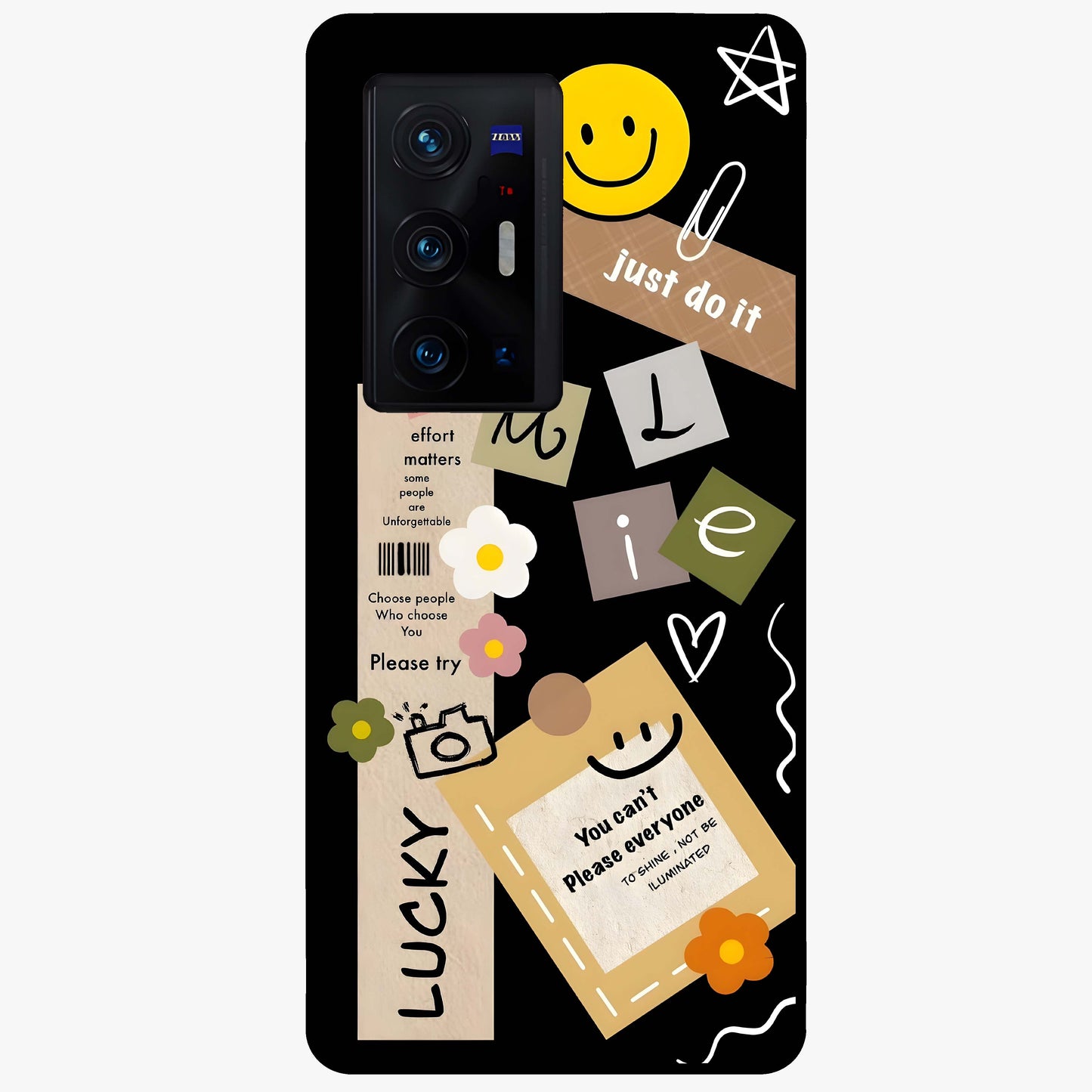Lucky Aesthetic Collage Glass Case showing flat back view with trendy aesthetic collage artwork and glossy glass finish.