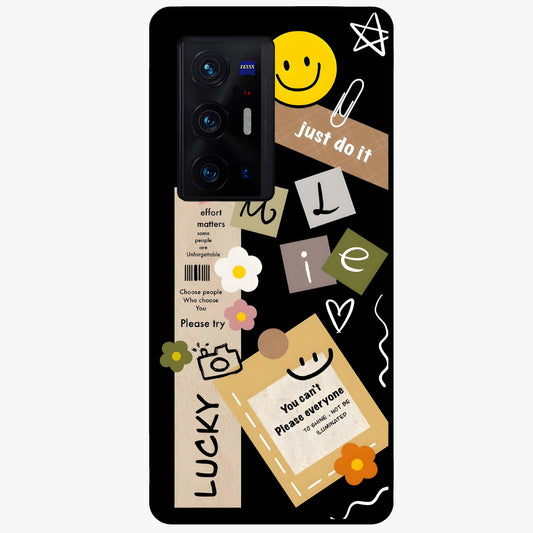 Lucky Aesthetic Collage Glass Case showing flat back view with trendy aesthetic collage artwork and glossy glass finish.