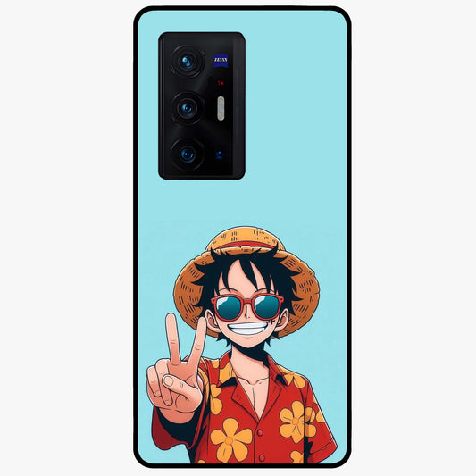 Luffy Summer Anime Vibe Glass Case showing flat back view with vibrant anime character artwork and glossy glass finish.