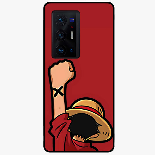 Luffy X Spirit Glass Case showing flat back view with bold anime character artwork and glossy glass finish.