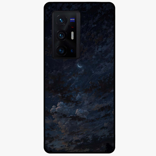 Lunar Veil Silence Glass Case showing flat back view with mystical moon veil artwork and glossy glass finish.