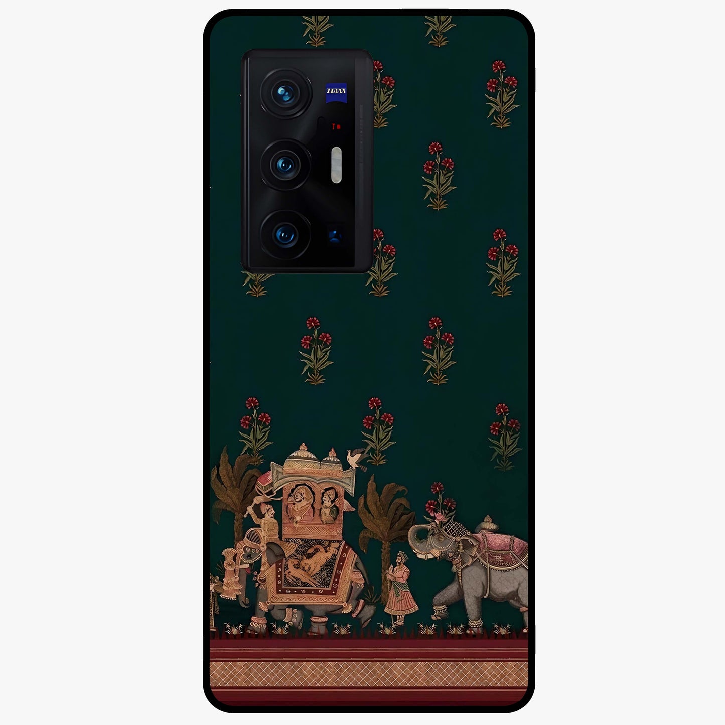 Macmerise Glass Case showing flat back view with stylish modern artwork and glossy glass finish.