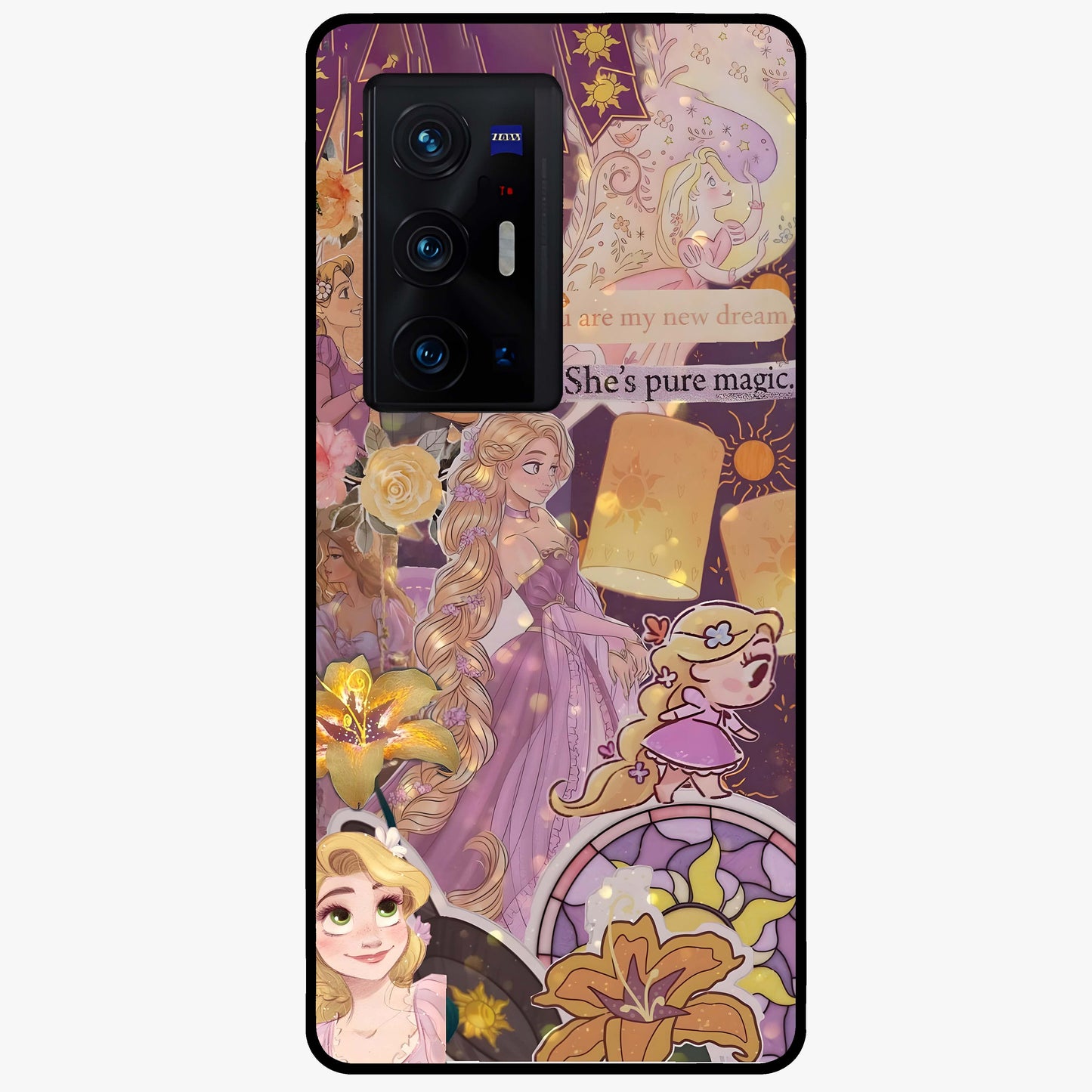 Magical Tangled Dream Glass Case showing flat back view with dreamy tangled artwork and glossy glass finish.