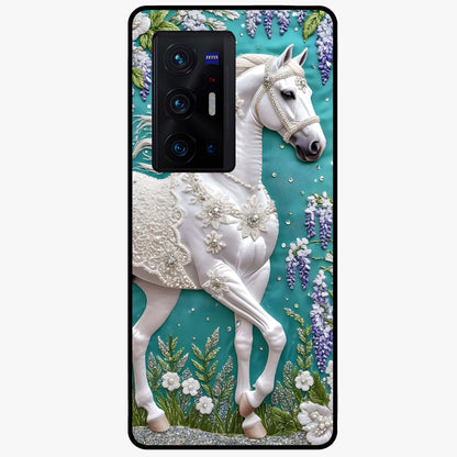 Majestic Floral Stallion Glass Case showing flat back view with powerful horse and floral artwork and glossy glass finish.