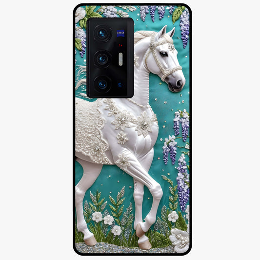 Majestic Floral Stallion Glass Case showing flat back view with powerful horse and floral artwork and glossy glass finish.