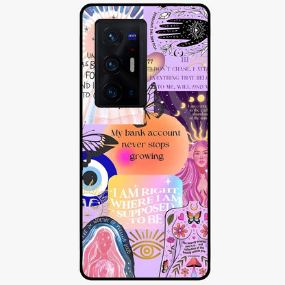 Manifestation Collage Glass Case showing flat back view with motivational collage artwork and glossy glass finish.