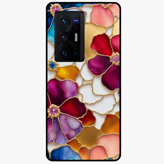 Marble Flower Pattern Glass Case showing flat back view with marble texture floral artwork and glossy glass finish.