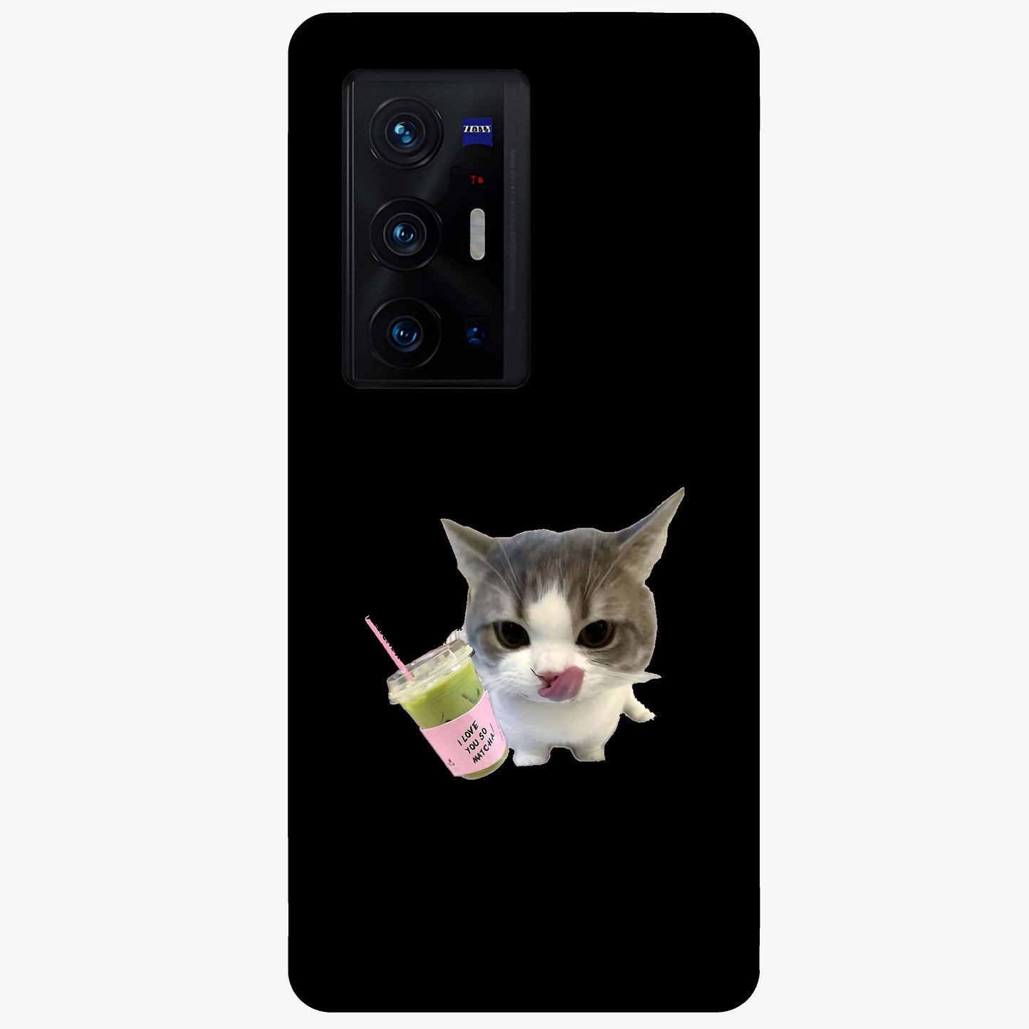 Matcha Cat Style Glass Case showing flat back view with cute matcha themed cat artwork and glossy glass finish.