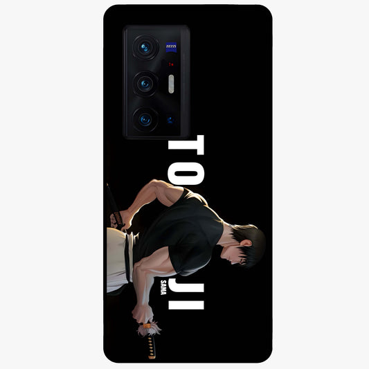 Midnight Blade Resolve Glass Case showing flat back view with dark warrior sword artwork and glossy glass finish.