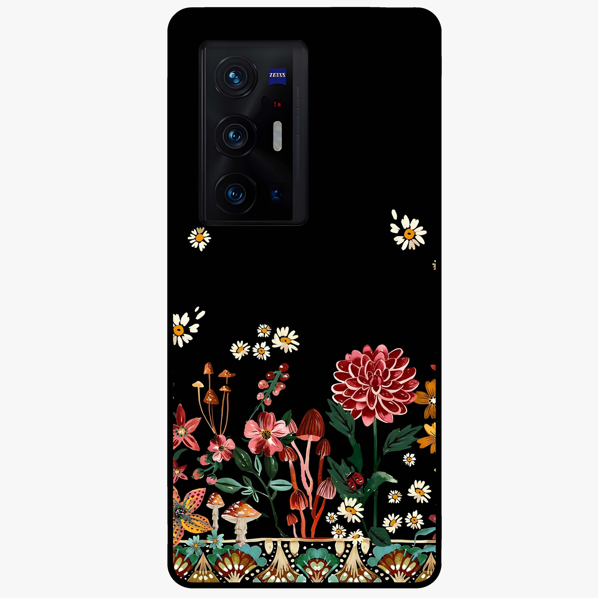 Midnight Bloom Pattern Glass Case showing flat back view with dark floral pattern artwork and glossy glass finish.