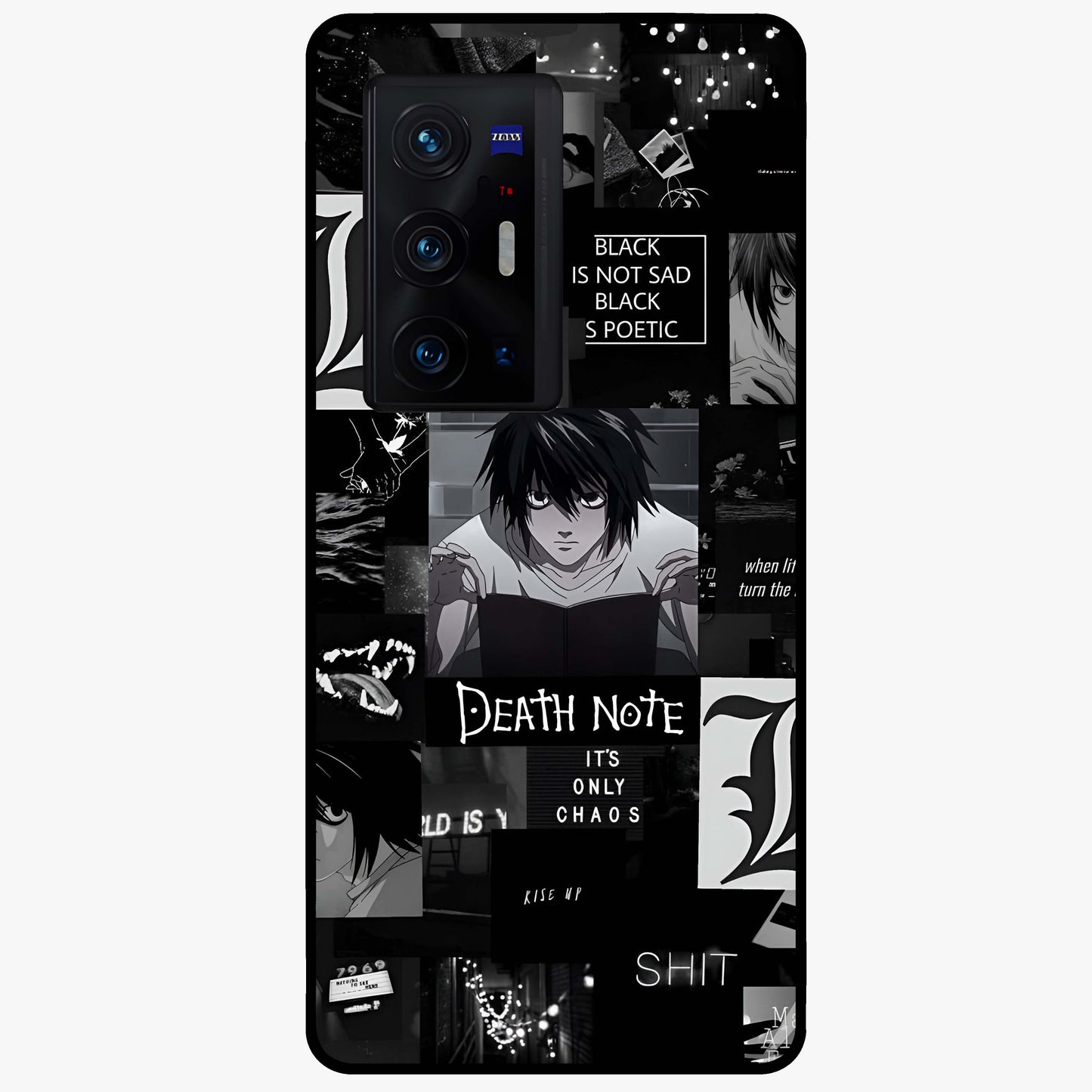 Midnight Chaos Mind Glass Case showing flat back view with abstract dark themed artwork and glossy glass finish.