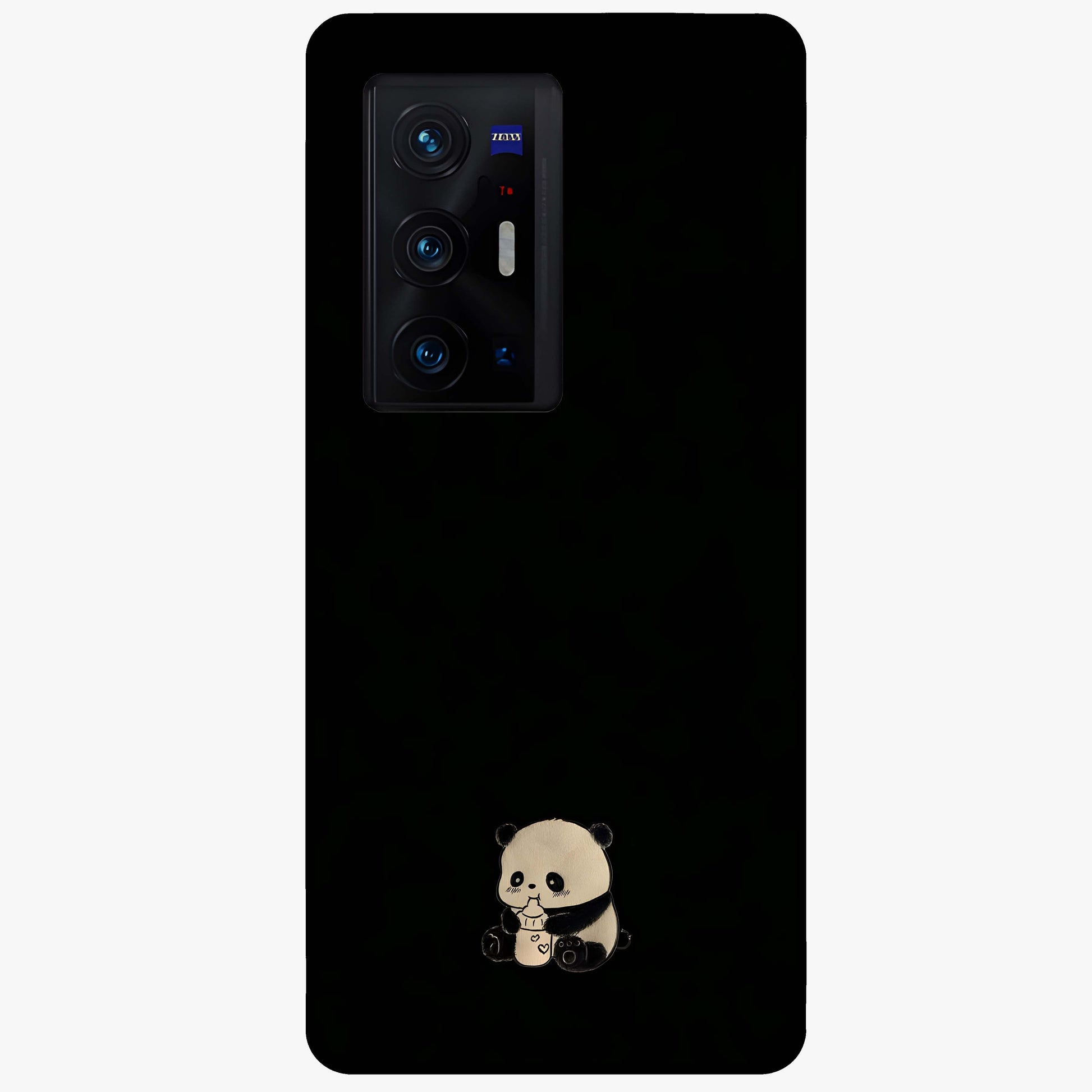 Midnight Panda Love Glass Case showing flat back view with cute panda themed artwork and glossy glass finish.