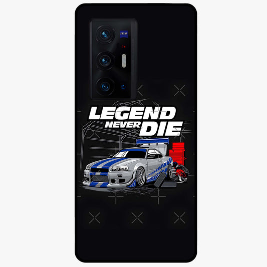 Midnight Racing Legacy Glass Case showing flat back view with sleek racing inspired artwork and glossy glass finish.