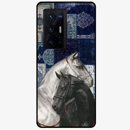 Midnight Stallion Blues Glass Case showing flat back view with majestic horse artwork and glossy glass finish.